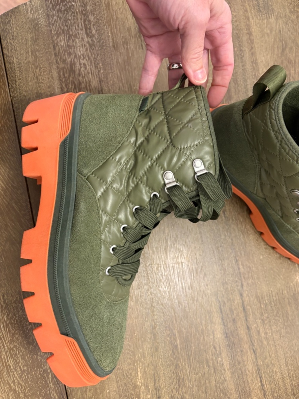 Keds Combat Boots Quilted Nylon Army Green with Coral Soles Women's 8.5